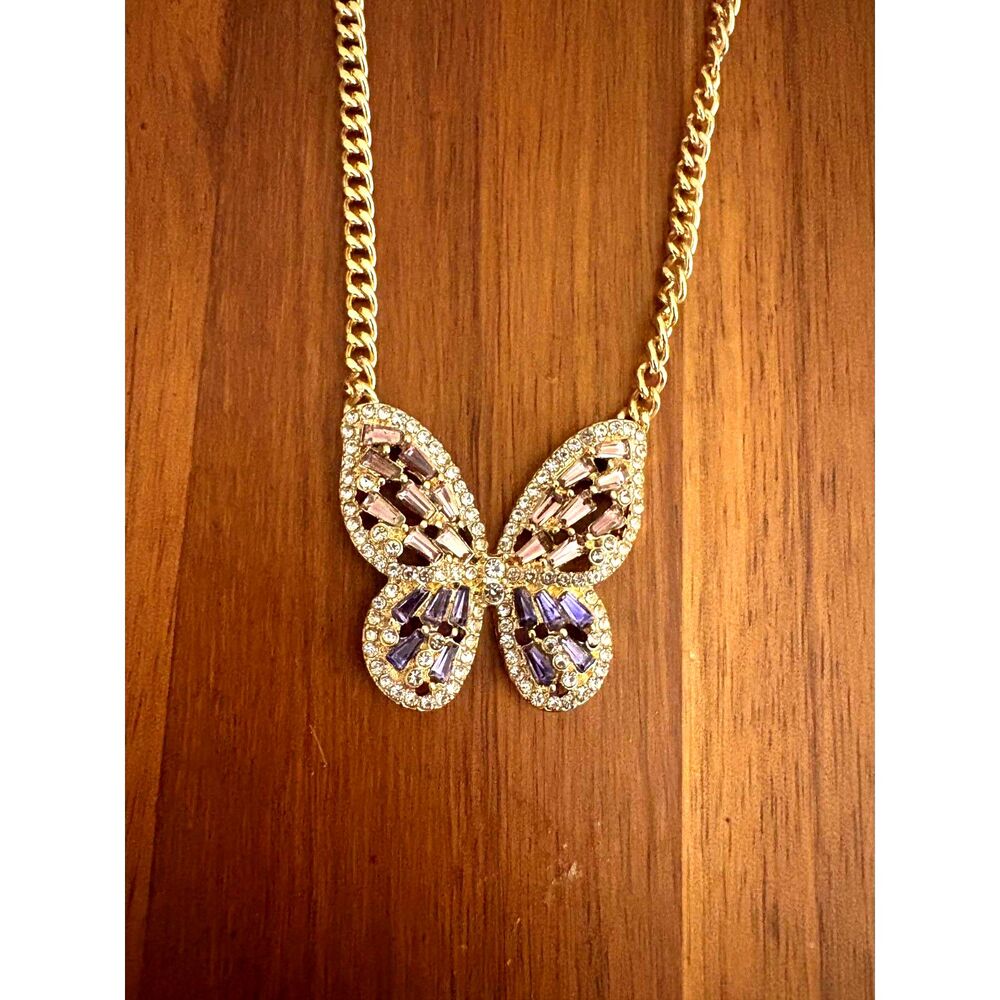 Gold-Tone Butterfly Pendant Necklace – Rhinestone Inlay – Adjustable Chain